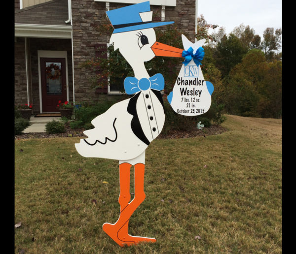 Blue Stork with Block monogram - Fox Cities Storks and More - Stork Sign Rental, Fox Cities, Greater Appleton Area, WI